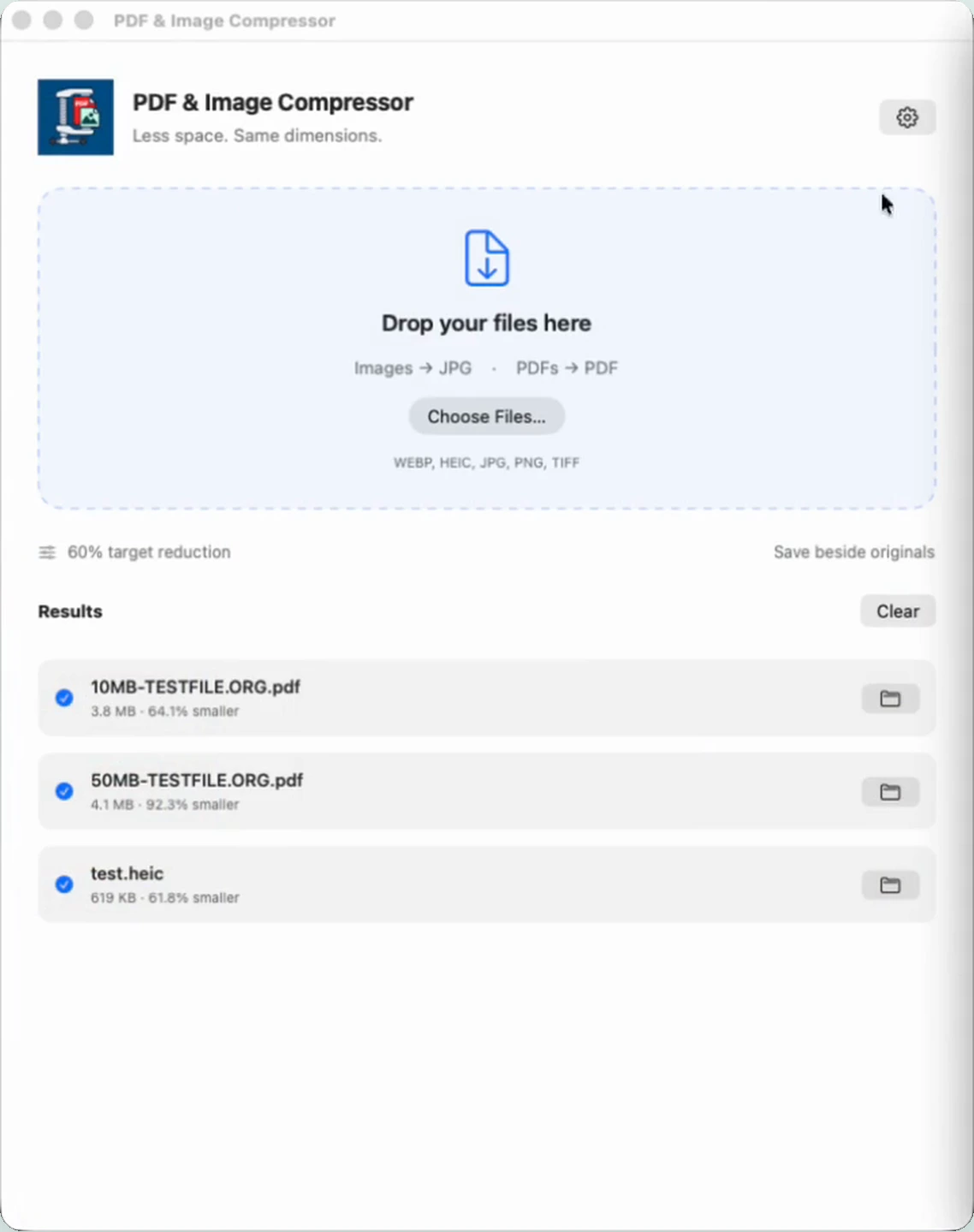 PDF & Image Compressor showing a batch of two compressed PDFs and a converted HEIC image, with actual savings for each file